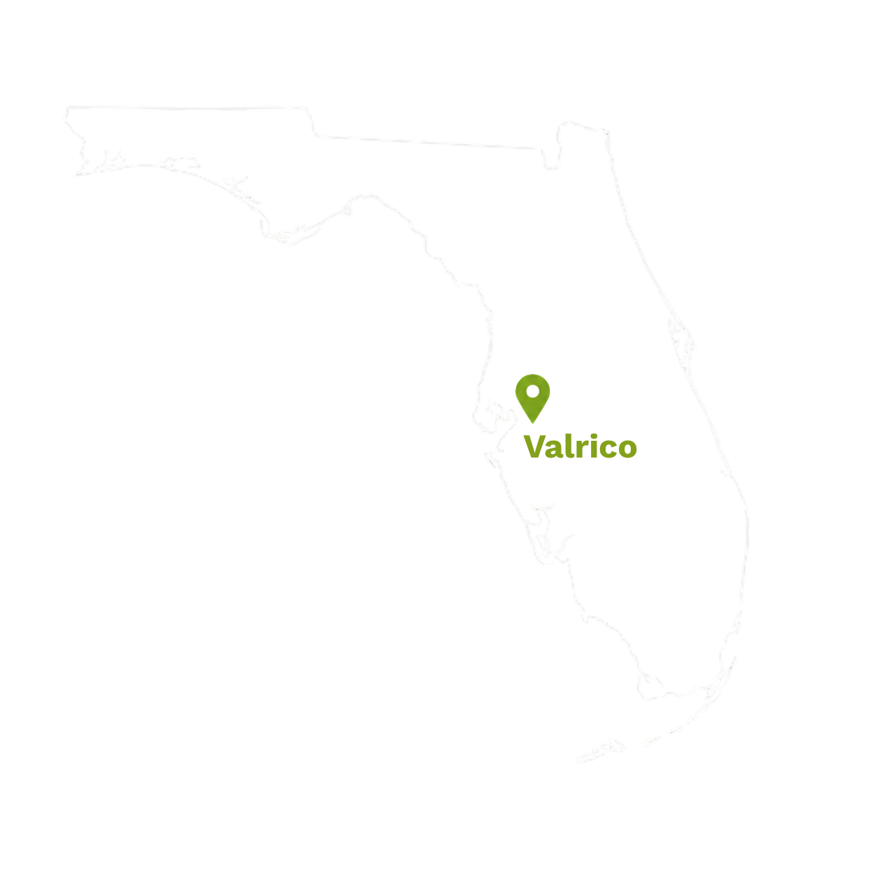 Map of Florida marking All Trusted Lawn Care's home base in Valrico, FL