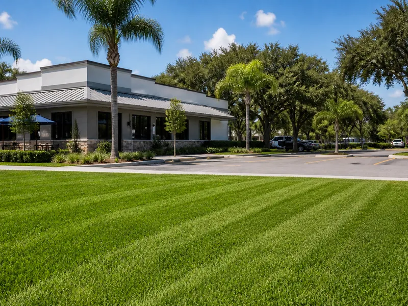 Freshly mowed, striped lawn beside a local restaurant in Valrico, FL