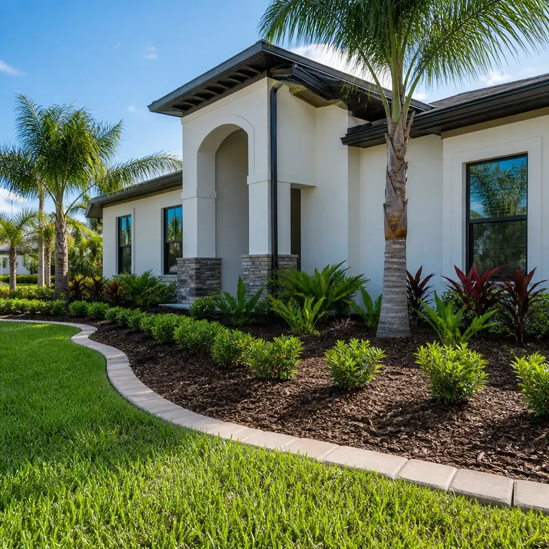Newly installed landscape bed with young shrubs, fresh mulch, and a paver border in Valrico, FL