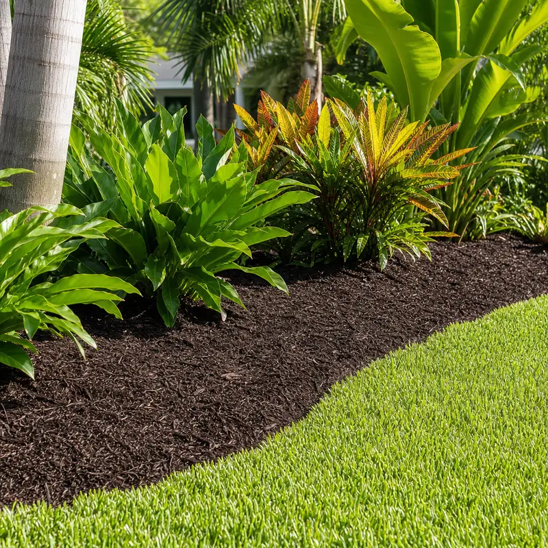 Fresh dark mulch spread around tropical shrubs with a clean bed edge in Valrico, FL
