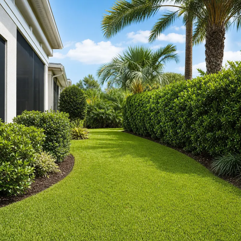 Restored side yard with trimmed shrubs and edged beds after a property cleanup in Valrico, FL