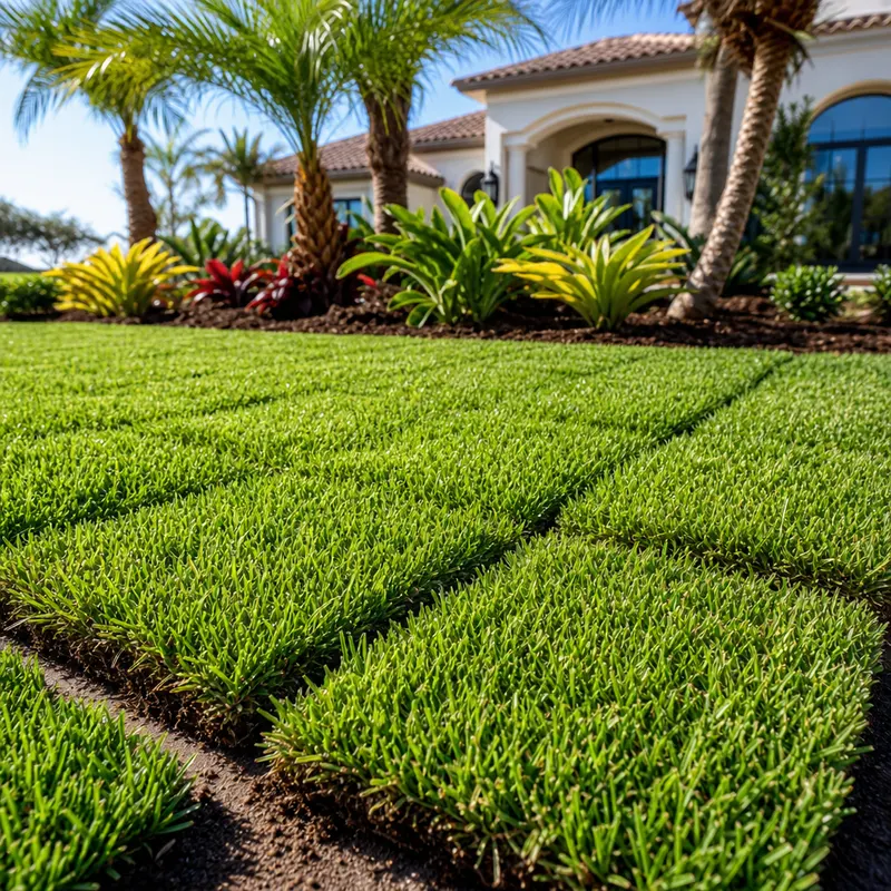 Fresh sod squares fitted tightly together on smooth soil in Valrico, FL
