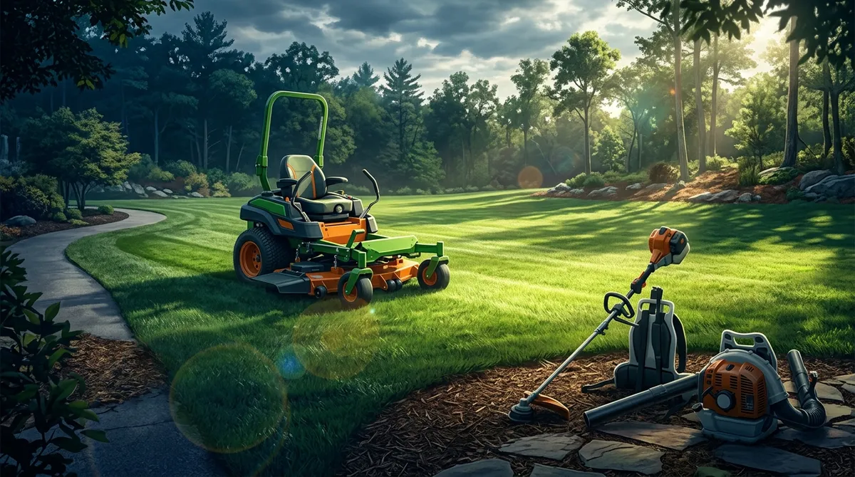 What equipment do professional lawn services use?