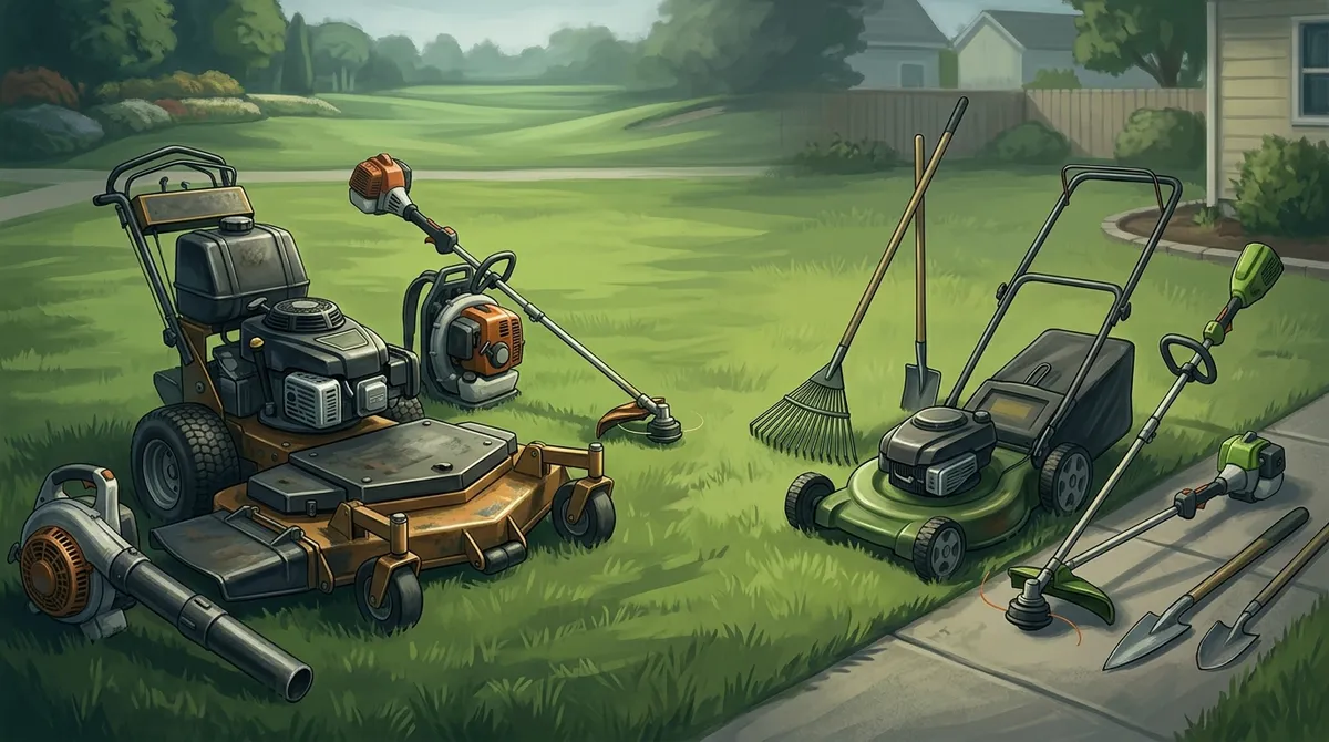 What equipment do professional lawn services use?